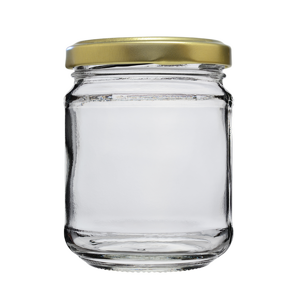 250mL clear glass jar, gold lid 10-pk